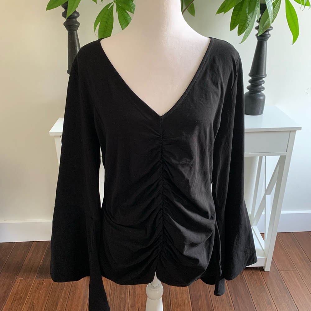 Boston Proper Black Ruched Blouse With Bell Sleeves